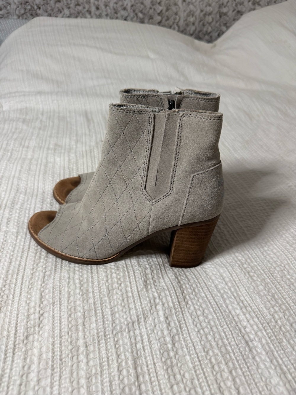 Toms Light Gray Quilted Suede Peep-Toe Ankle Booties